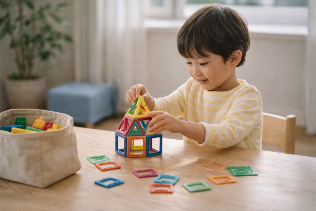 机で形を作りながら遊ぶ子どもの様子