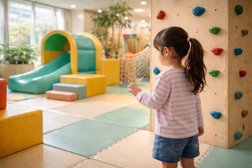 室内遊び場の遊具の前で立ち止まる女の子の後ろ姿