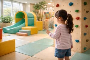 室内遊び場の遊具の前で立ち止まる女の子の後ろ姿