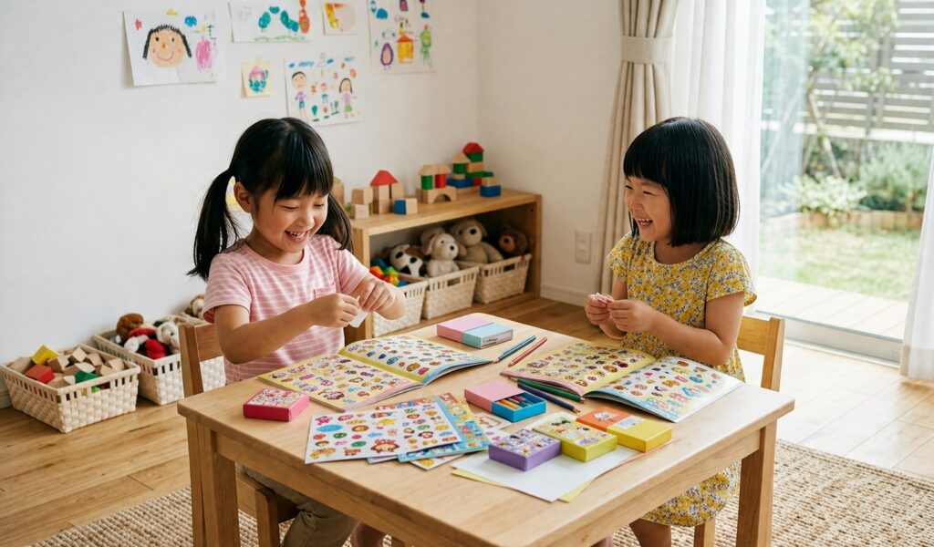 テーブルでシール遊びを楽しむ二人の女の子の様子