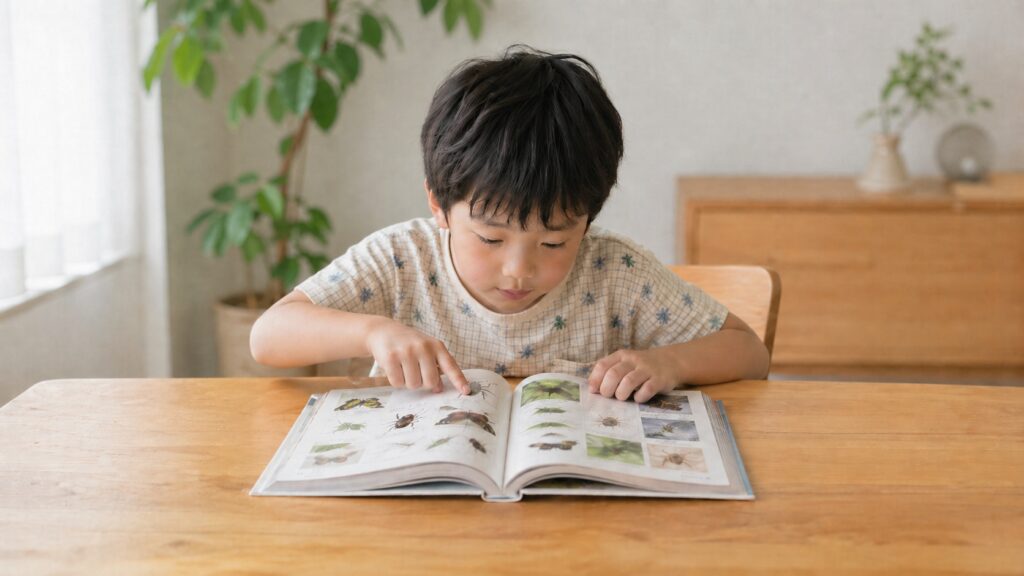 リビングで昆虫図鑑を開き、虫の写真や情報をじっくり見ている日本人の男の子
