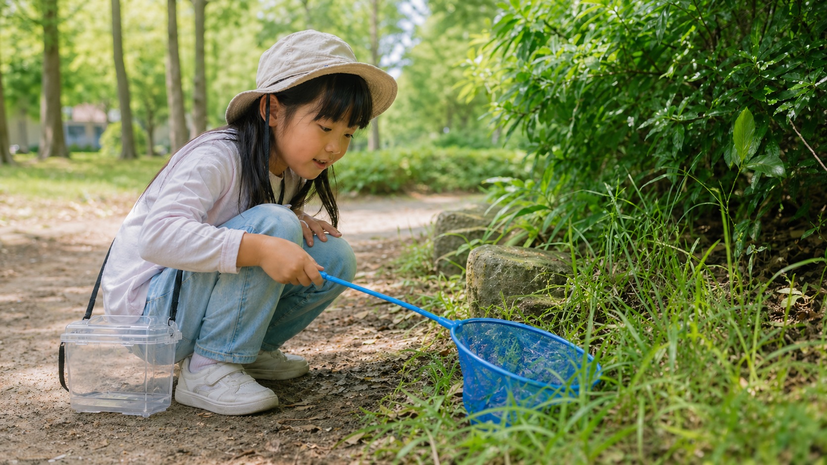 公園で長袖と長ズボン姿の日本人の女の子が、虫取り網を手に地面近くの虫を観察している様子