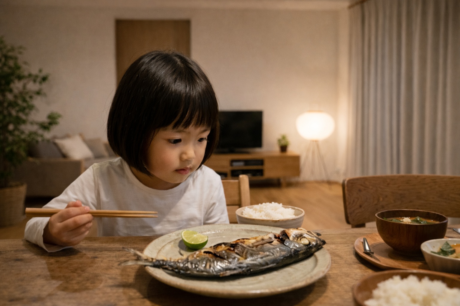 夕食の食卓で焼き魚を見つめる女の子の様子