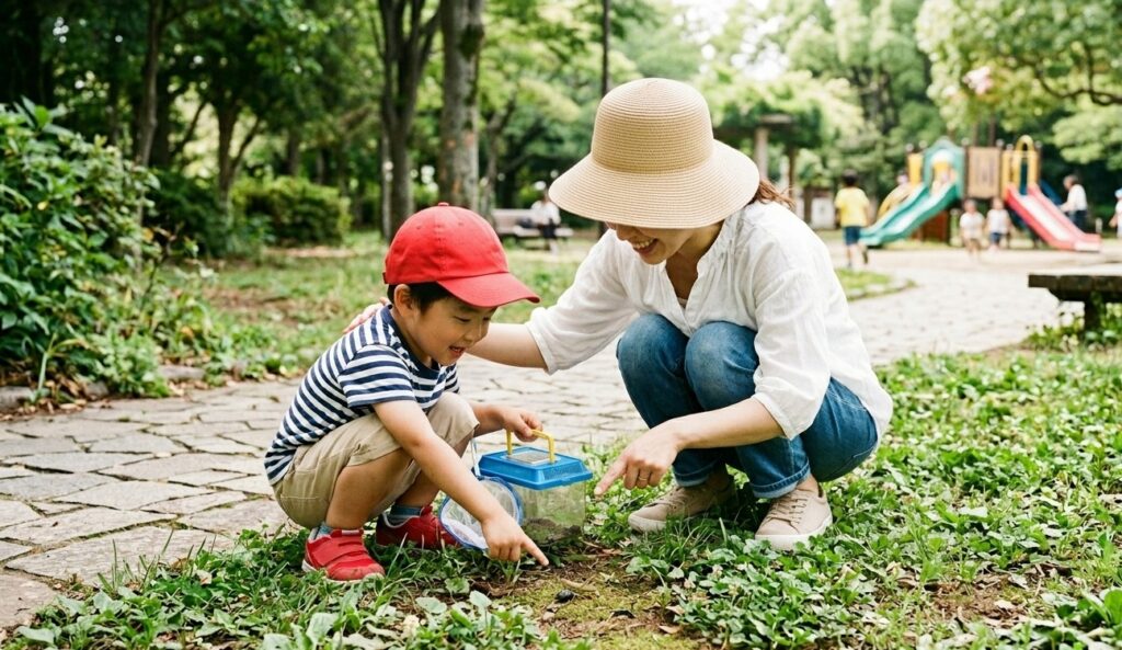 公園で虫を見つめる4歳くらいの男の子と大人の女性（母親）の様子