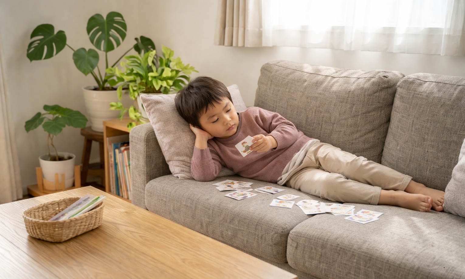ソファで横になりながらカードを手に休んでいる子どもの様子
