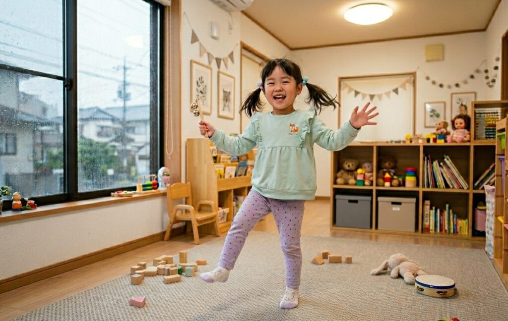 雨の日の室内で、楽しそうに体を動かしている5歳くらいの女の子の様子