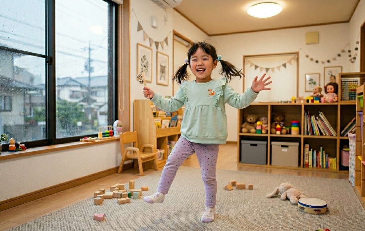 雨の日の室内で、楽しそうに体を動かしている5歳くらいの女の子の様子