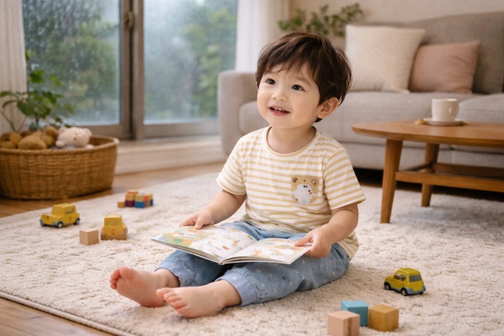 雨の日のリビングで、絵本をひらきながらラグの上に座っている2歳～3歳くらいの男の子の様子