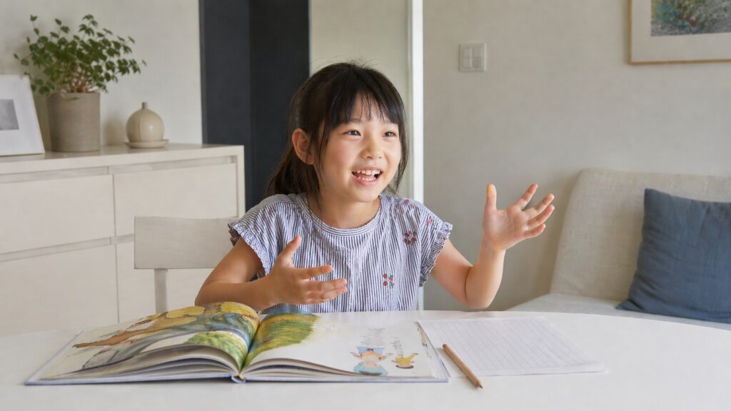 絵本を読み終えたあと、白いテーブルで感じたことを楽しそうに話している小学校低学年くらいの女の子の様子
