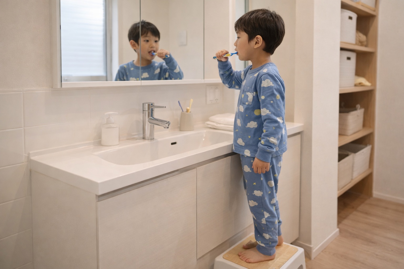 日本の清潔感のある洗面所で、踏み台にのぼった5歳くらいの男の子が鏡を見ながら歯をみがいている様子