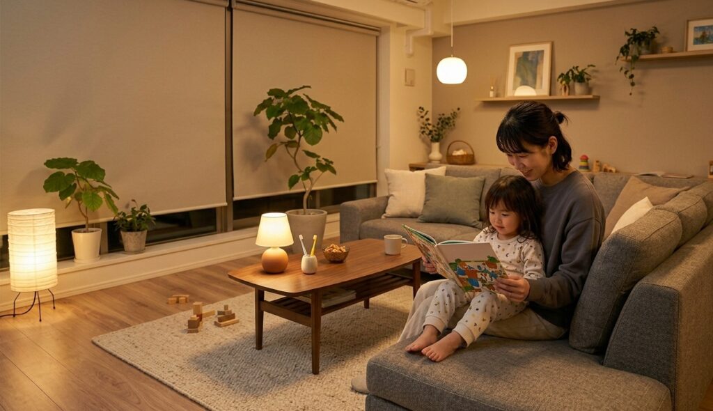 リビングのソファに並んで座り、日本人の母親と小さな子どもが絵本を一緒に読んでいる様子