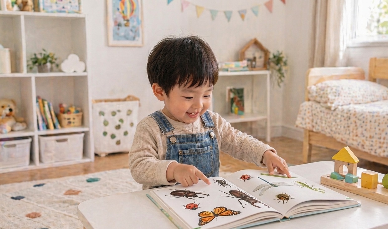子ども部屋で図鑑を開き、動物のページを楽しそうに見ている3歳から4歳くらいの女の子の様子