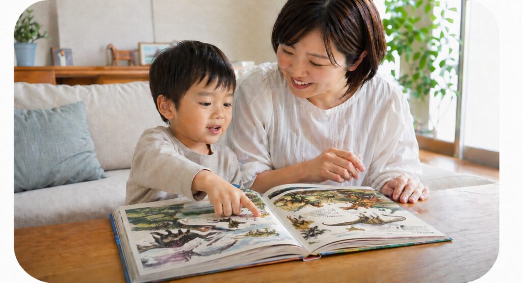 リビングで親子が図鑑を開き、子どもが恐竜のページを指さしながら楽しそうに見ている様子