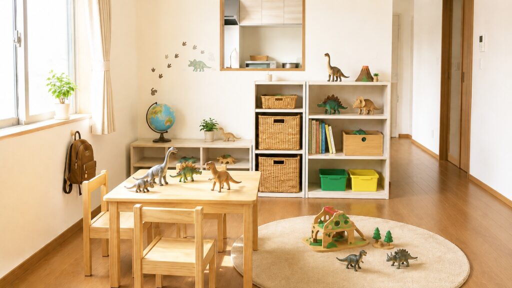 明るい子ども部屋に恐竜のおもちゃや図鑑が並んでいる様子