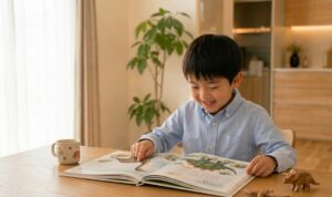 リビングで、恐竜図鑑をテーブルに広げて楽しそうに読んでいる6歳くらいの男の子の様子