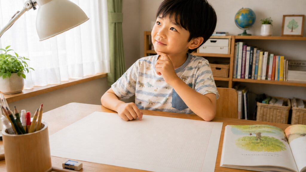 原稿用紙を前に、読書感想文に書く場面を思い出している低学年の小学生男子