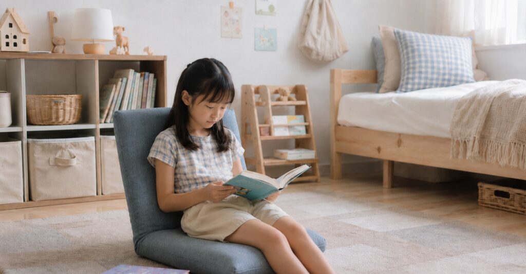 白を基調にした子ども部屋で、くすみブルーの座椅子に座った小4くらいの女の子が、足を伸ばして本を読んでいる様子。ベージュ系のラグ、本棚、ベッドが見える、やわらかい自然光の読書風景。