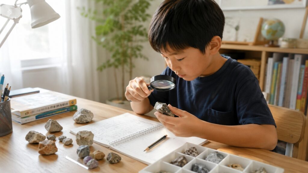 小学生の男の子が自然光の入る学習机で、虫眼鏡を使って石を観察している様子