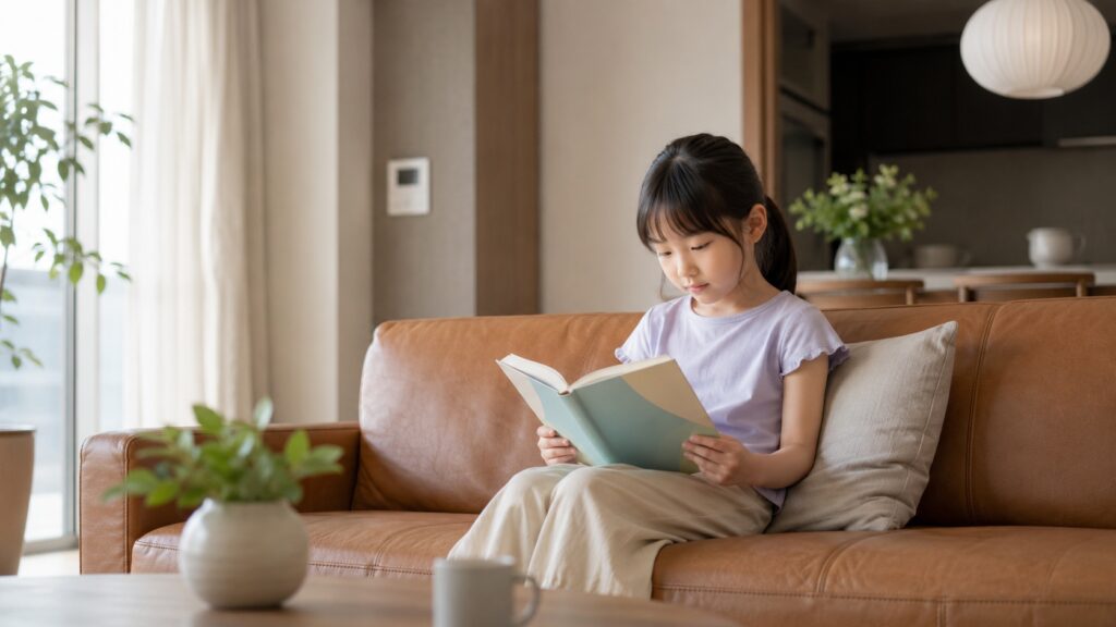 シンプルシックな日本のマンションのリビングで、上質な革のソファーに座った小学4年生くらいの女の子が児童書を読んでいる様子