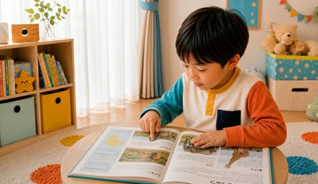 ポップな雰囲気の子ども部屋で、日本人の男の子が図鑑を自分で開いて見ている様子