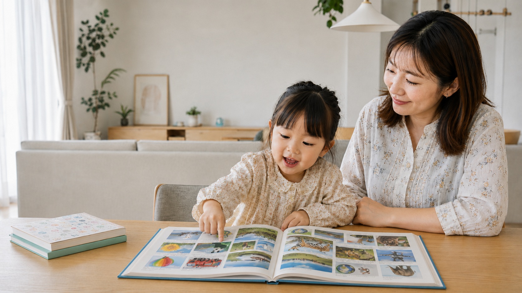 リビングのテーブルで、日本人の女の子が母親と一緒に図鑑を広げ、動物や乗り物のページを見ている様子