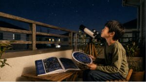 ベランダで星座早見盤と図鑑を見ながら夜空を観察する男の子