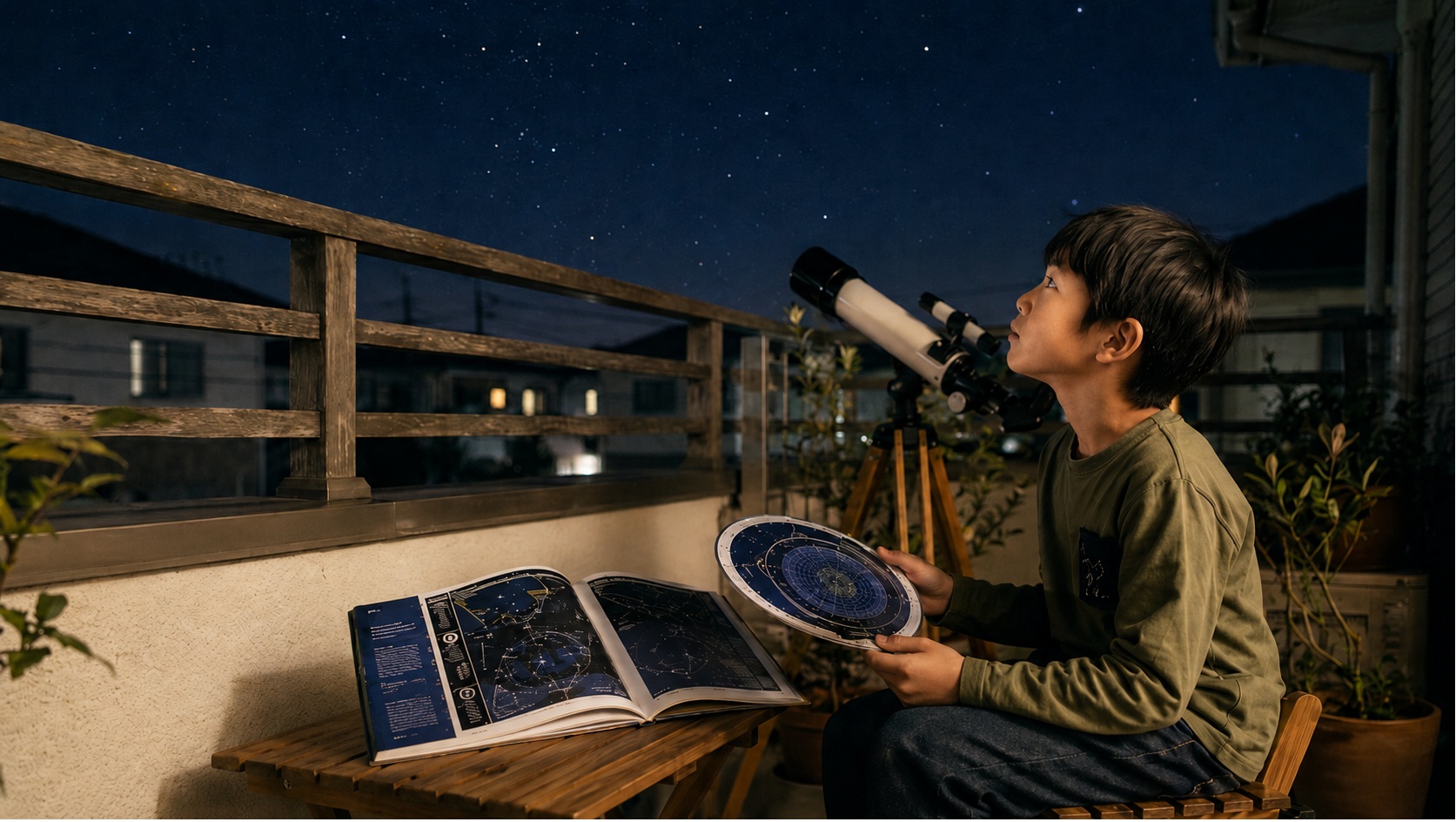 ベランダで星座早見盤と図鑑を見ながら夜空を観察する男の子