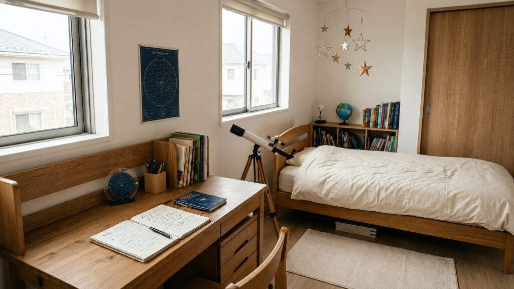 星座ポスターや望遠鏡、図鑑がある星好きの子ども部屋