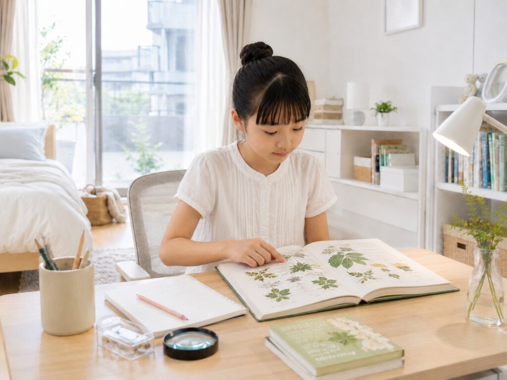 白を基調にしたマンション風の部屋で、学習机に座って図鑑を開く女の子