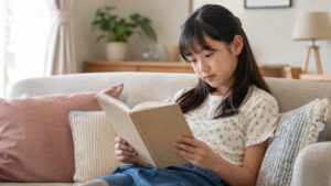 リビングのソファで本を読む小学校高学年の女の子