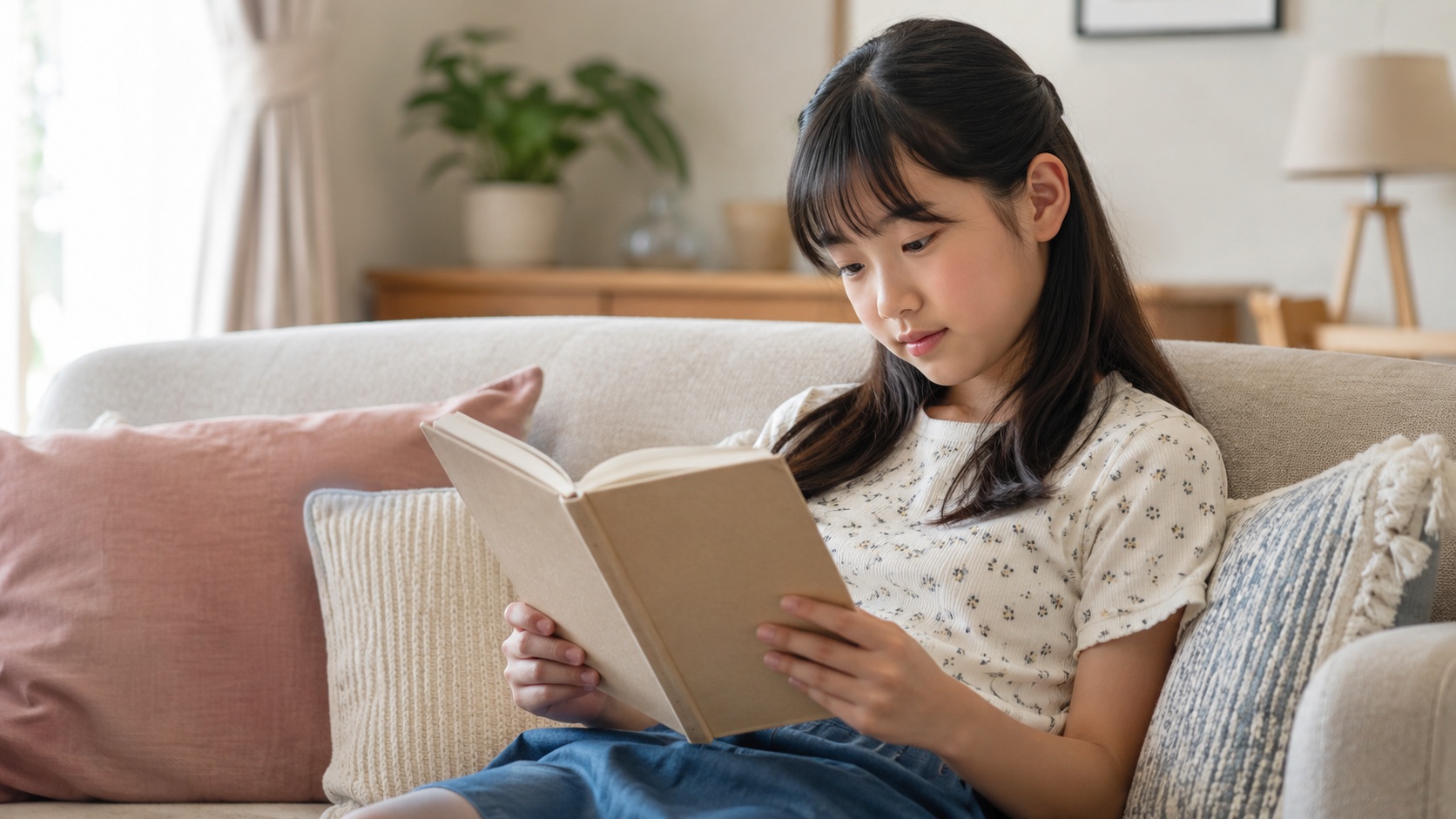 リビングのソファで本を読む小学校高学年の女の子