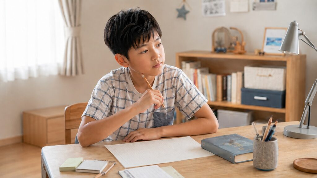 子ども部屋の学習机で読書感想文を書こうとしている小学校高学年の男の子
