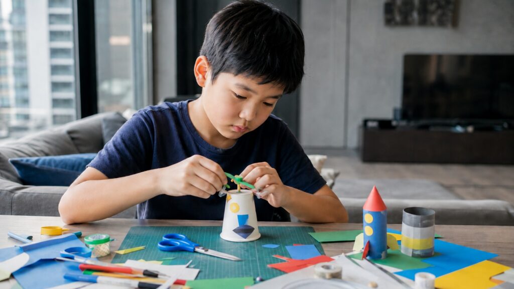 モダンなマンションのリビングで小学4年生くらいの男の子がテーブルで工作に集中している様子