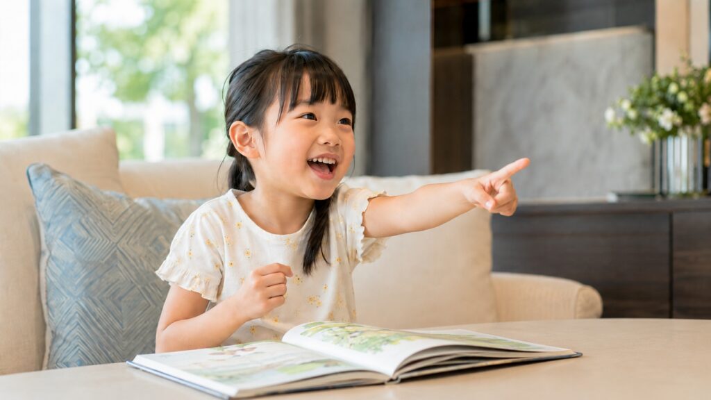 低学年の女の子が絵本を読んだ感想を楽しそうに話している様子