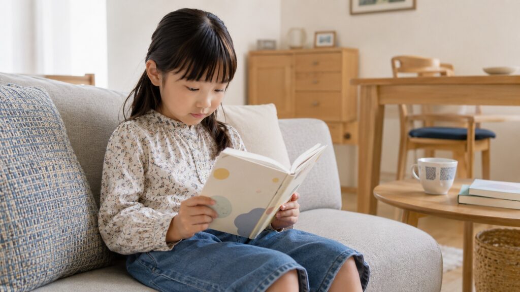 7歳くらいの女の子がマンションのリビングで薄めの読み物を読んでいる様子