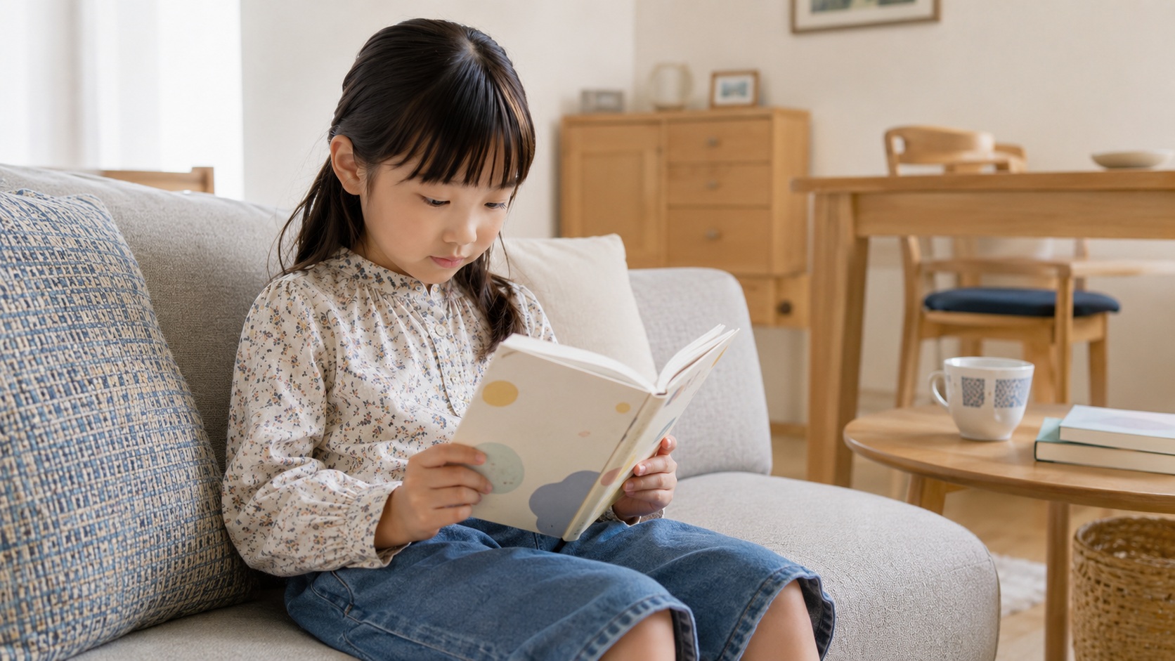 7歳くらいの女の子がマンションのリビングで薄めの読み物を読んでいる様子