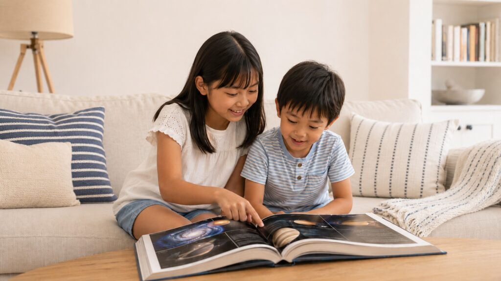 白を基調にしたマンションのリビングで、夏の服装の姉弟が宇宙図鑑を開いて見ている様子