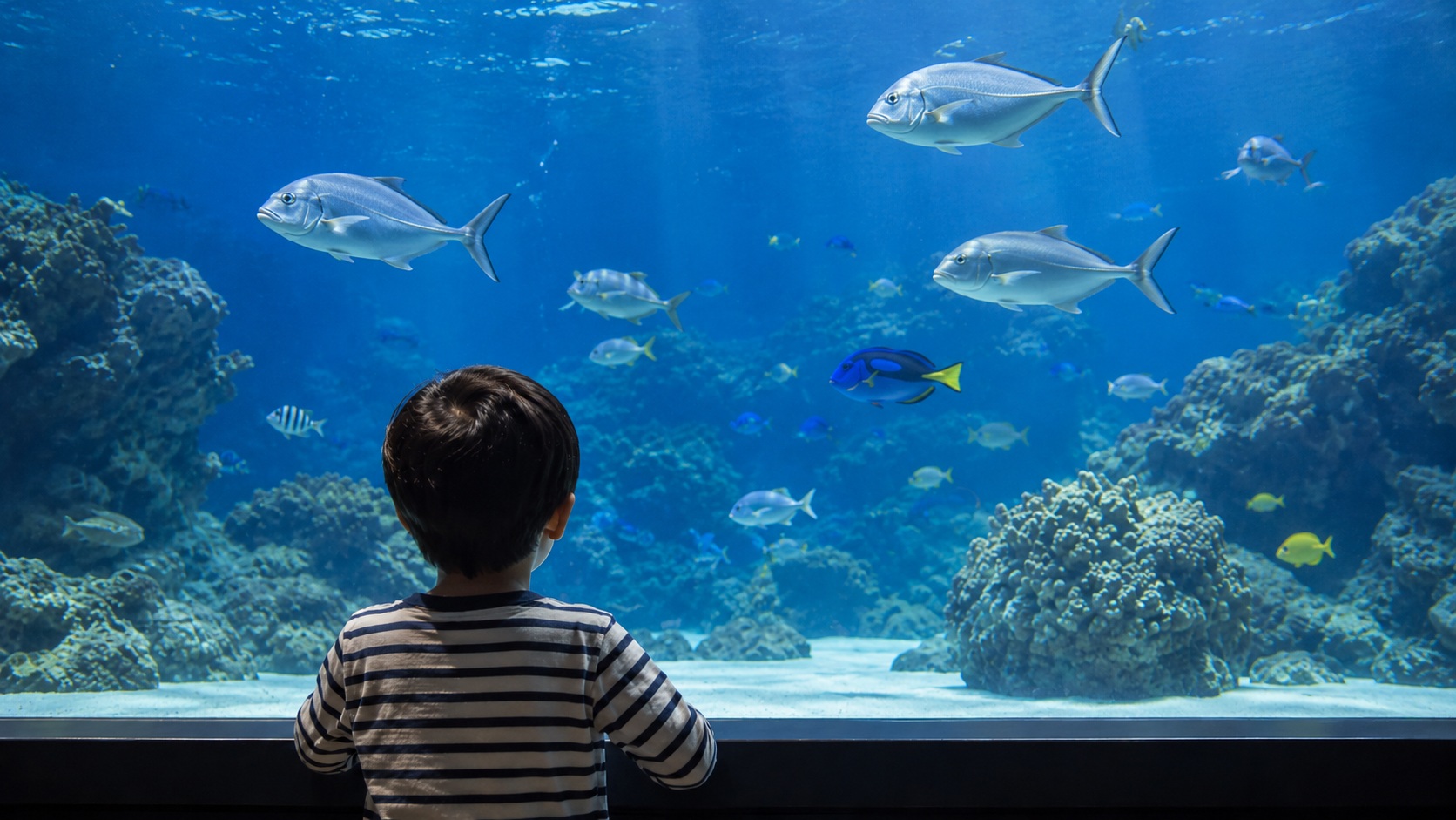 水族館で魚に興味を持つ男の子の後ろ姿