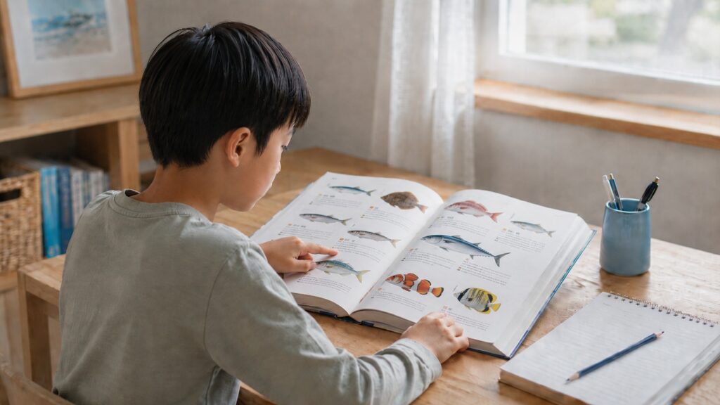 魚図鑑を開いて魚を調べる9歳くらいの男の子の後ろ姿
