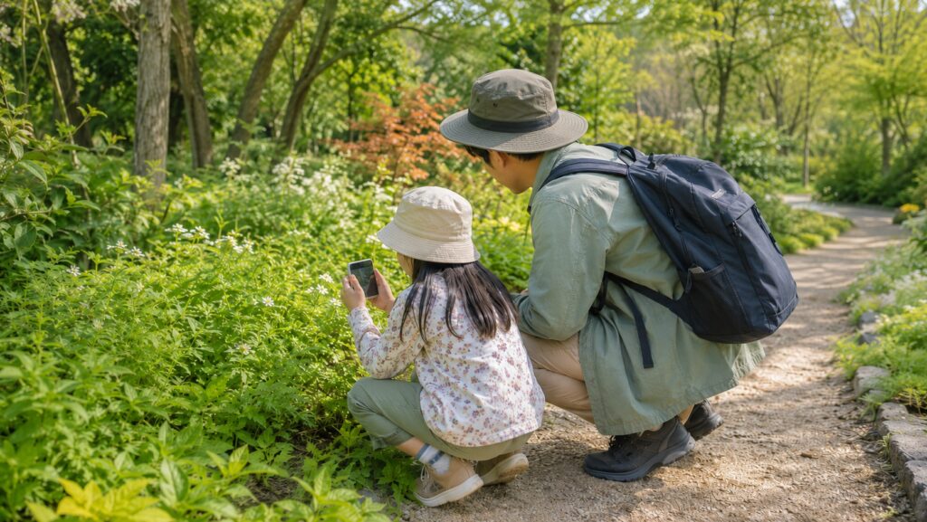 公園で植物を観察する親子の後ろ姿