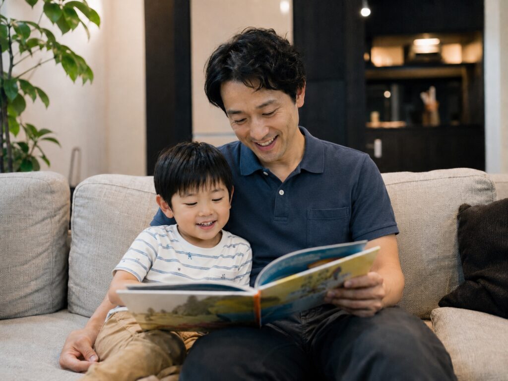 ソファで父親と5歳くらいの男の子が夏祭りの絵本を楽しそうに読んでいるリビングの様子