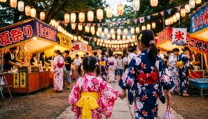 夕暮れの夏祭りで浴衣を着た姉妹が手をつなぎ、屋台通りを眺めている後ろ姿