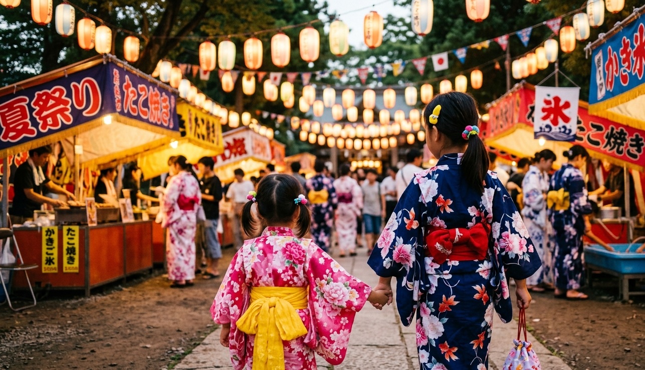 夕暮れの夏祭りで浴衣を着た姉妹が手をつなぎ、屋台通りを眺めている後ろ姿