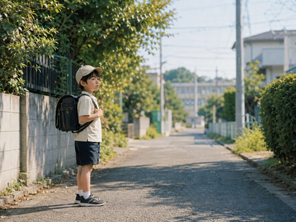 夏休み明けの朝、半袖とキャップ姿でランドセルを背負い、通学路で少し立ち止まる子ども