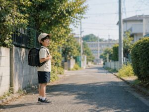 夏休み明けの朝、半袖とキャップ姿でランドセルを背負い、通学路で少し立ち止まる子ども