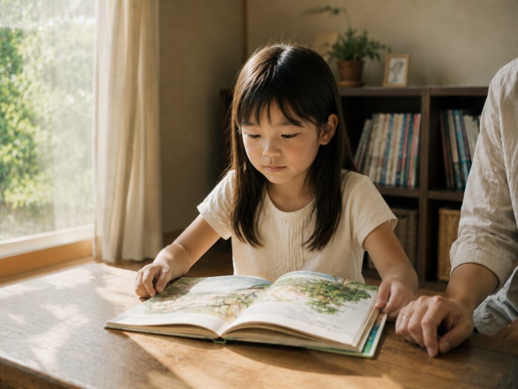 夏休み明けの時期に、半袖の女の子が家の中で絵本を読みながら気持ちを整えている様子