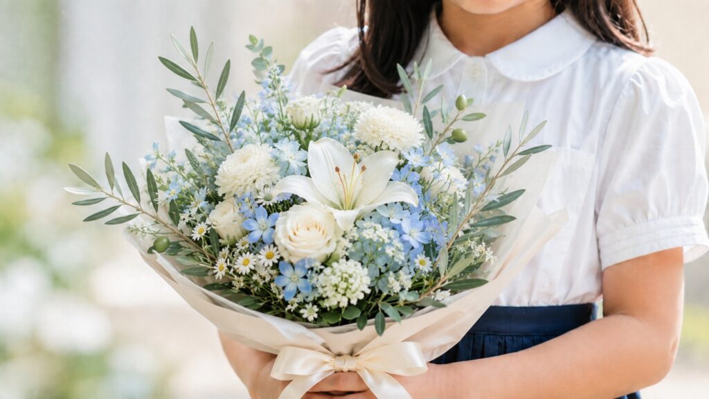 白いブラウスと紺のスカートを着た小学生が、平和の象徴とされるオリーブの枝を添えた花束を持っている手元