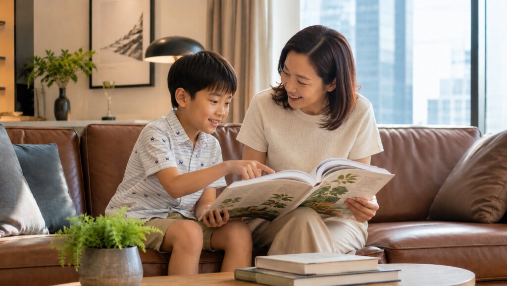 リビングで植物の本を親子で開いて話す様子