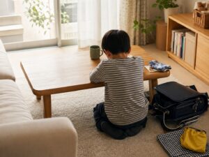 学校に行きたくない朝、ランドセルのそばで後ろ姿の男の子が静かに座っている様子