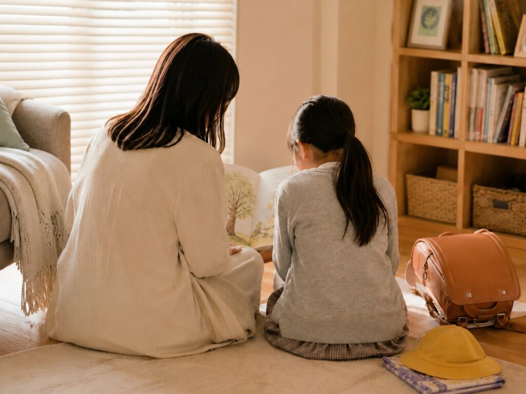 学校に行きたくない気持ちに寄り添うように、親子が後ろ姿で並んで絵本を読んでいる様子